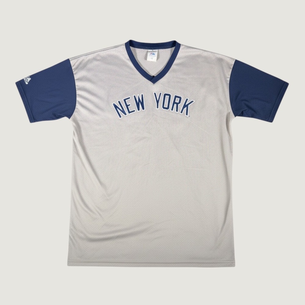Vintage Majestic New York Baseball Jersey Grey Navy Mesh V-Neck Mens XL USA Made